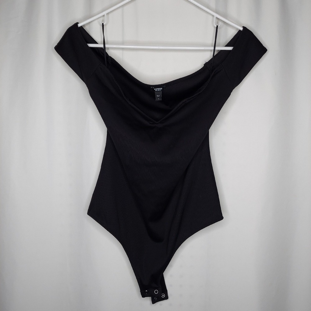 Express Contour Bodysuit Women Large Black Rib Stretch Sleeveless Off-Shoulder